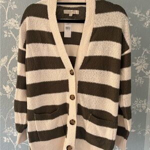SALE - NWT LOFT Olive Cream Striped V Neck Cardigan S